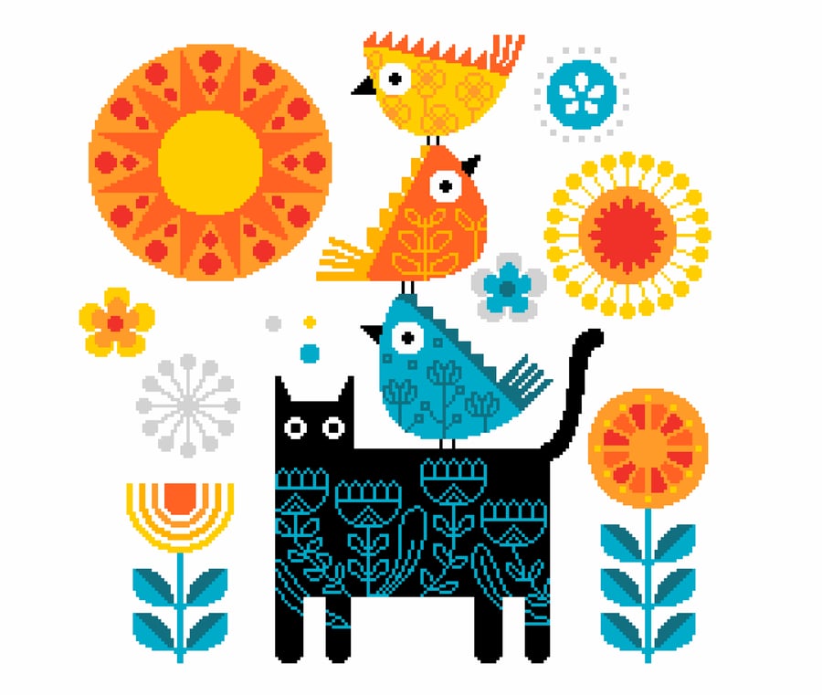 306 - Cat Amongst the Pigeons Cross Stitch Pattern: Nordic style birds (PDF)