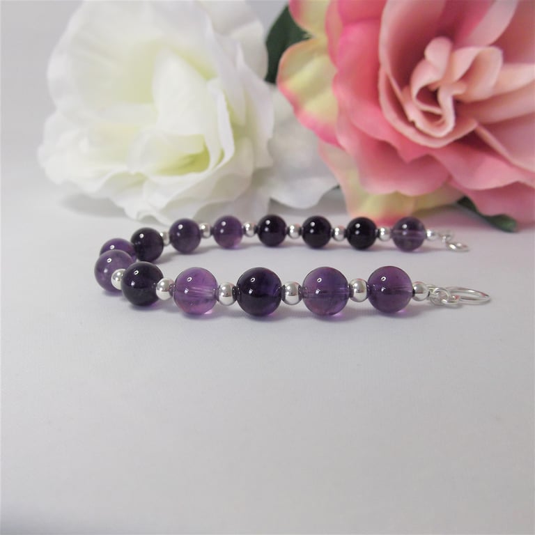 Amethyst gemstone and sterling silver bead bracelet recycled silver clasp