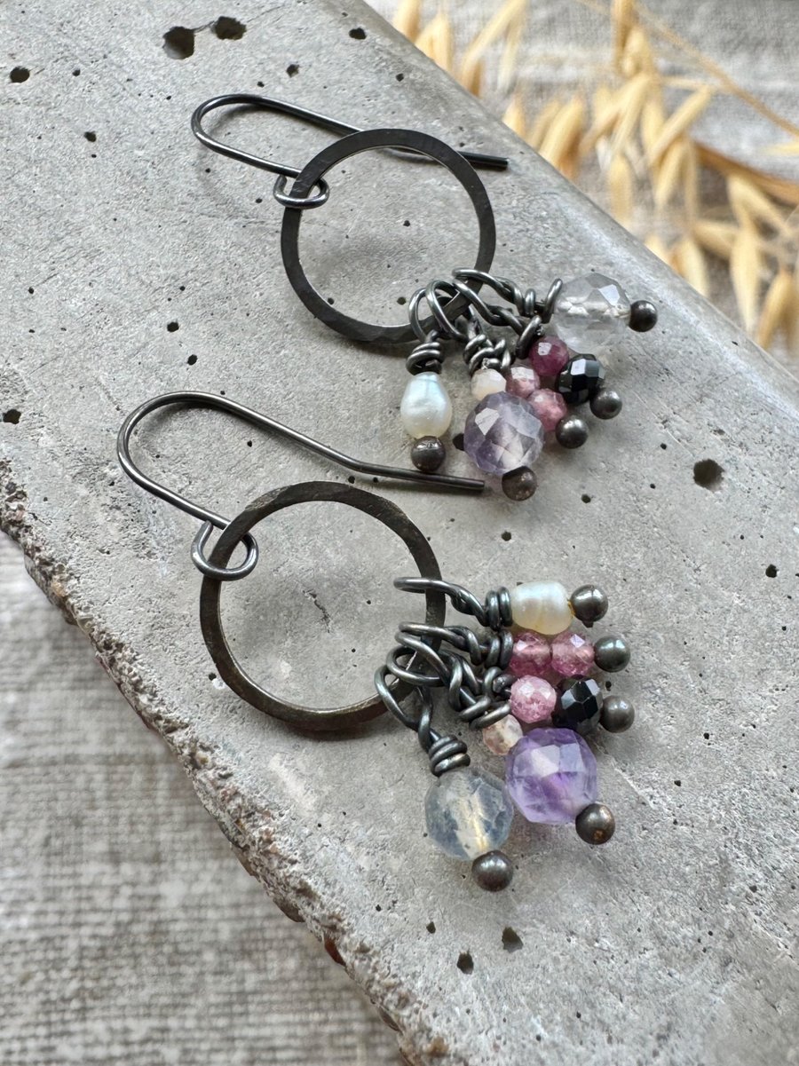 Image of Dainty Vintage Earrings Hoops With Multi Gemstones Amethyst, Moonstone, Pearl