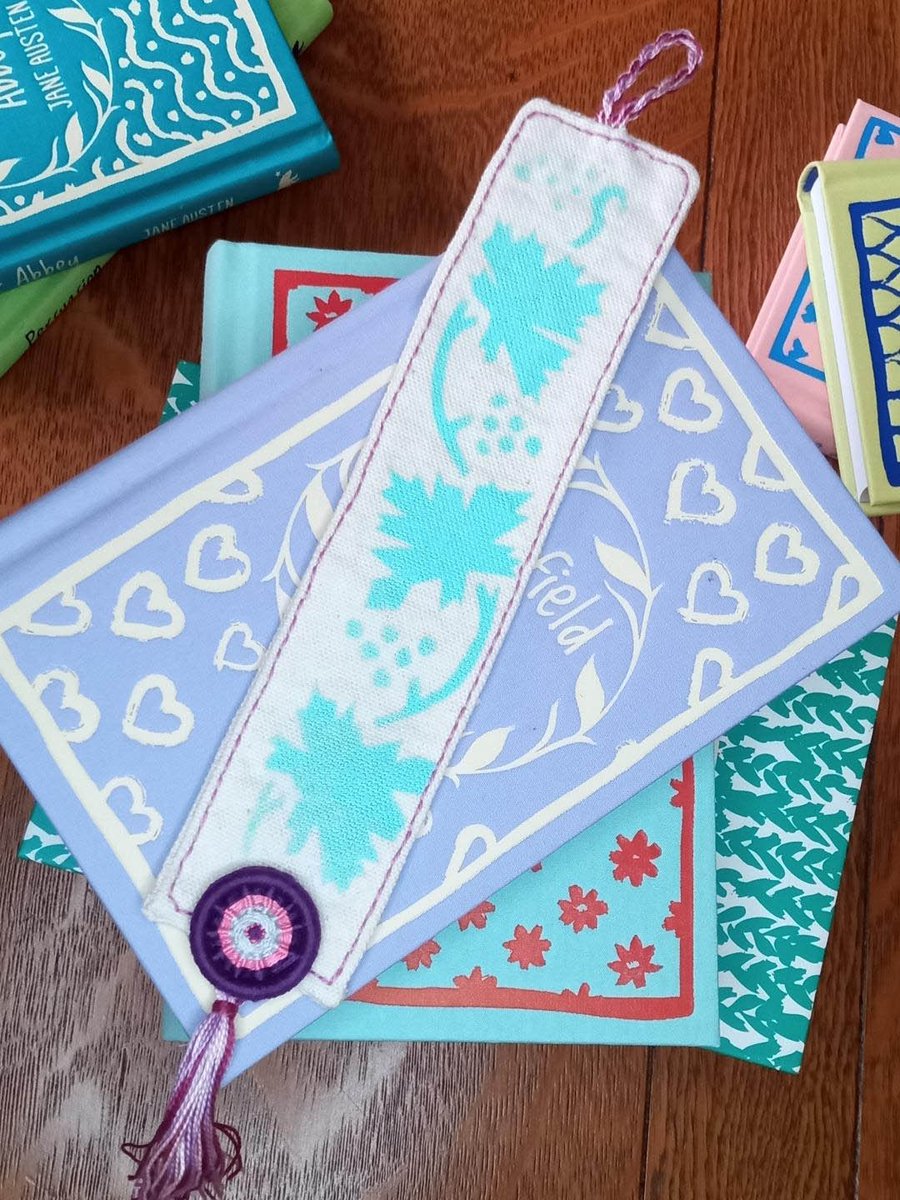 Silkscreen printed bookmark with Dorset button embellishment 