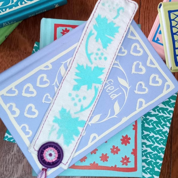 Silkscreen printed bookmark with Dorset button embellishment 