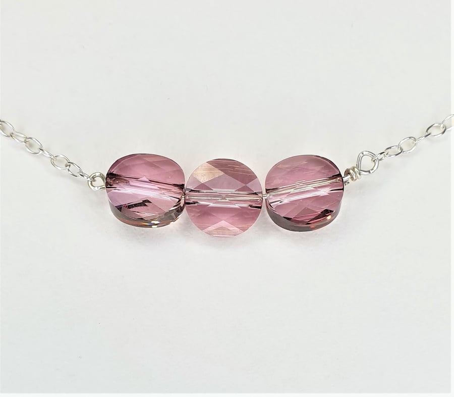 Swarovski Faceted Pink Flat Round Crystals And Sterling Silver Necklace