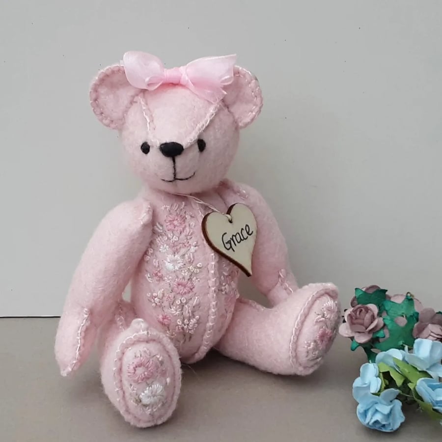 Small dressed artist teddy bear, hand embroidered collectable teddy bear