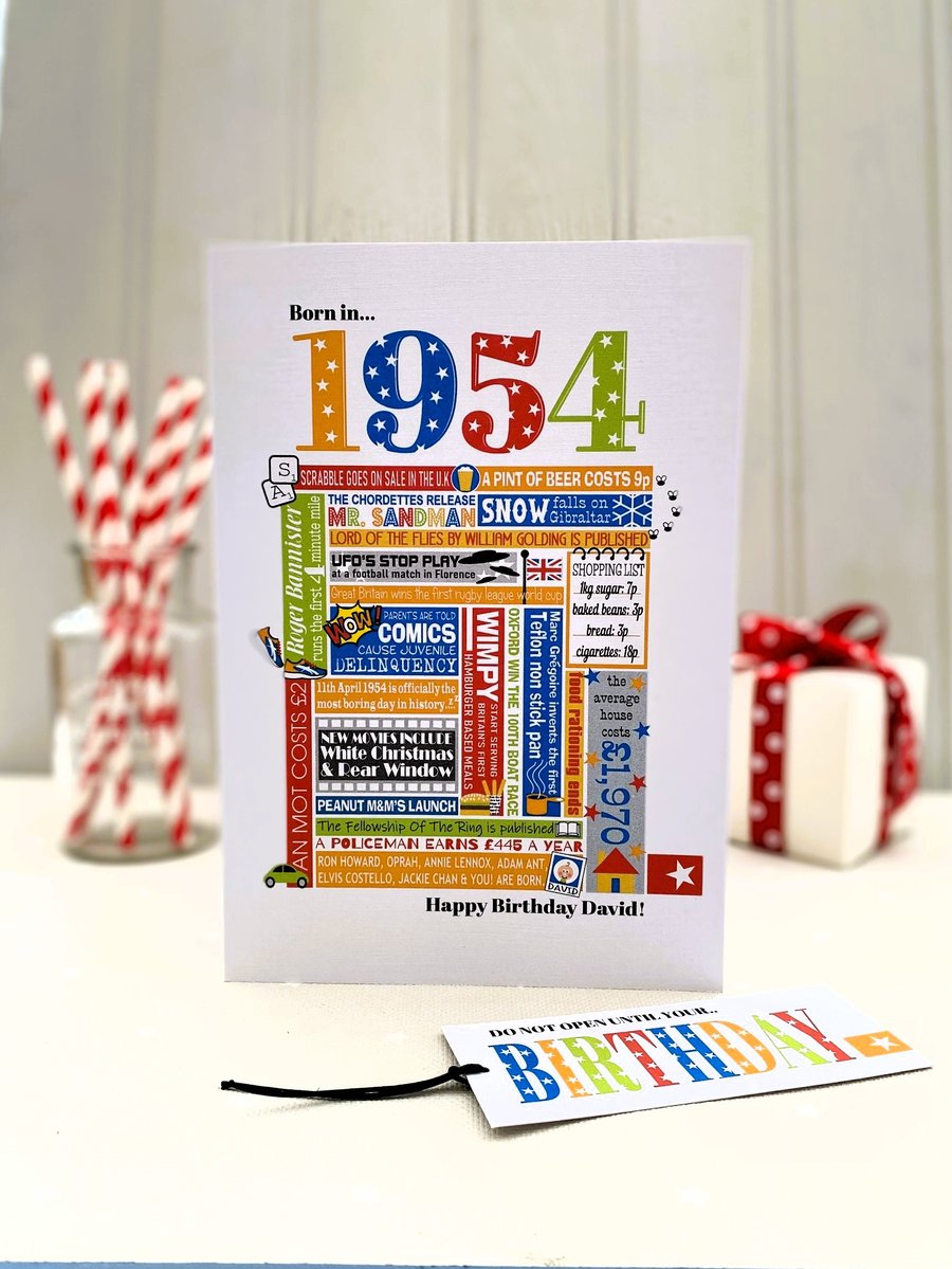 70th Birthday Card, Personalised 1954 card.