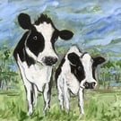 A4 ORIGINAL Watercolour & Gouache Painting FRIESIAN COWS Unique Artwork