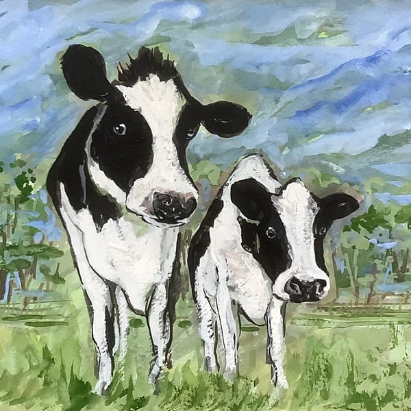 A4 ORIGINAL Watercolour & Gouache Painting FRIESIAN COWS Unique Artwork
