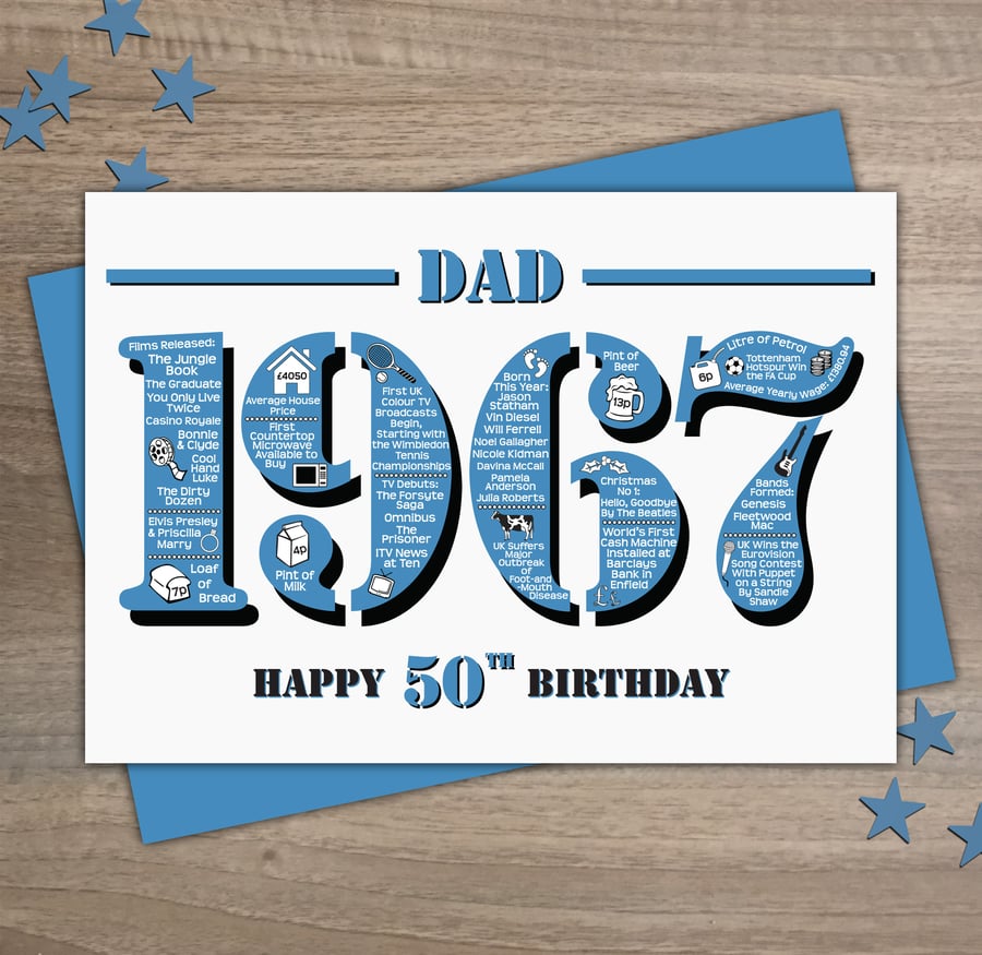 Happy 50th Birthday Dad Greetings Card - Year of Birth - Born in 1967 Facts