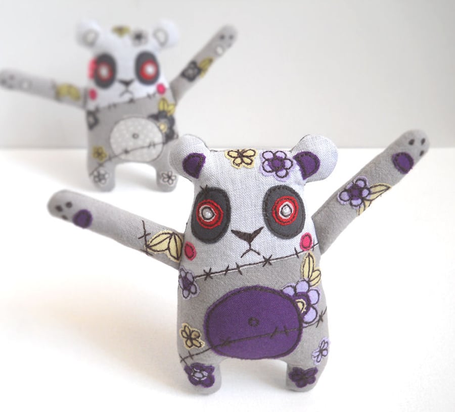 freehand embroidered floral zombie panda - purple