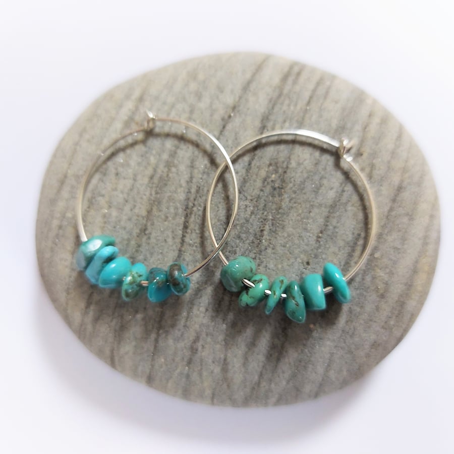 Beaded Hoop earrings with turquoise chips.