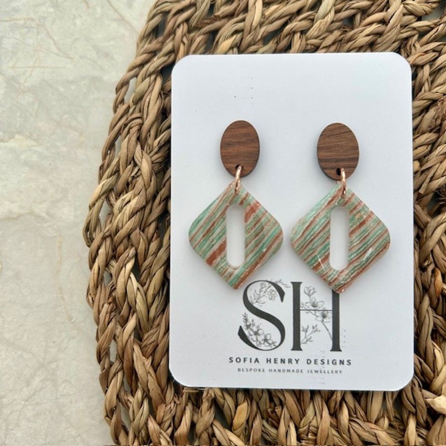 Green & Copper Striped Handmade Polymer Clay Earrings with Walnut Wood Studs
