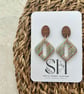 Green & Copper Striped Handmade Polymer Clay Earrings with Walnut Wood Studs