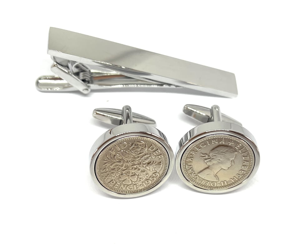 1959 Sixpence Coin Cufflinks Mens 65th Birthday Gift  Tie clip set