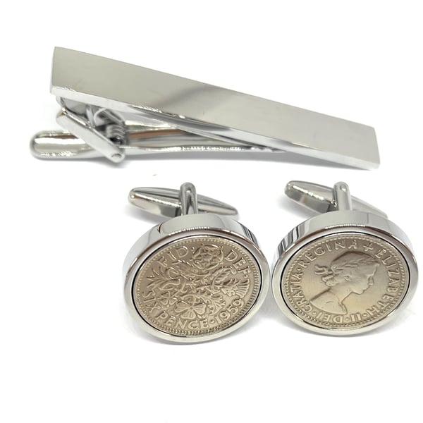 1959 Sixpence Coin Cufflinks Mens 65th Birthday Gift  Tie clip set