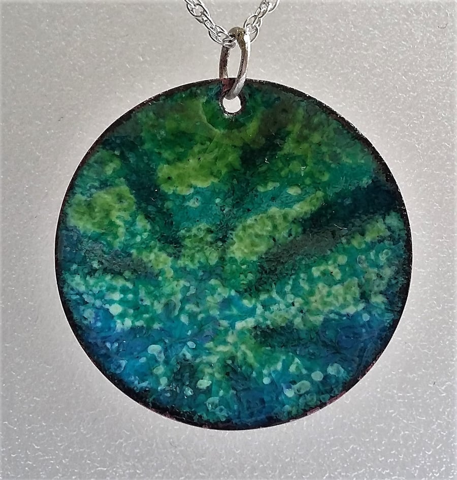 Starburst pendant in blue and green enamelled copper 094