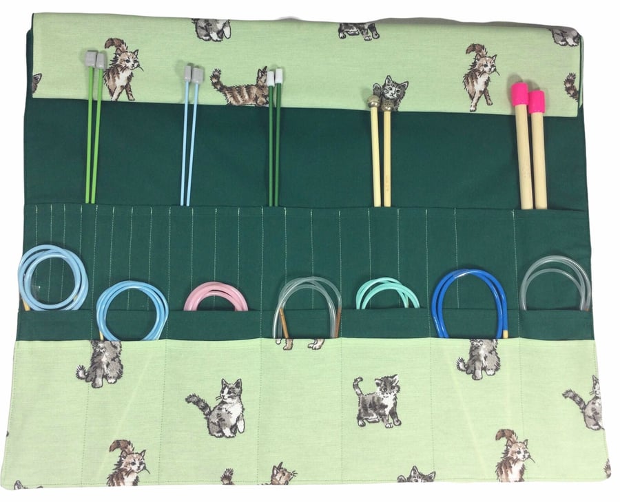 Straight and circular knitting needle case with cats print, heavy weight storage