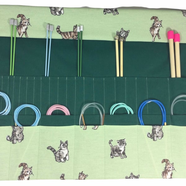 Straight and circular knitting needle case with cats print, heavy weight storage