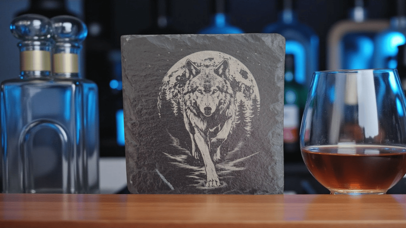 Slate Coaster – Wolf and Full Moon Design (10 x 10cm)