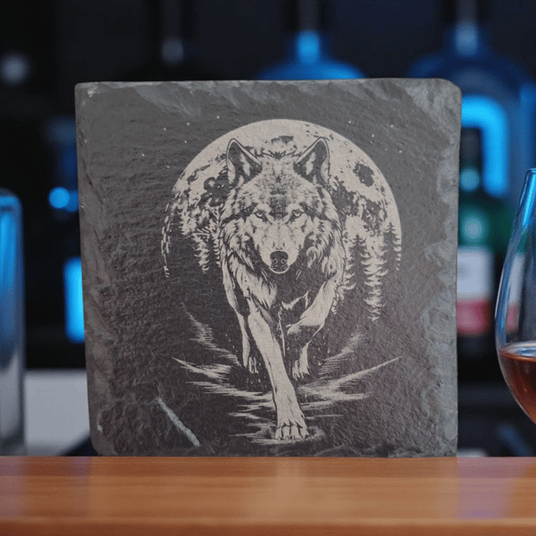 Slate Coaster – Wolf and Full Moon Design (10 x 10cm)