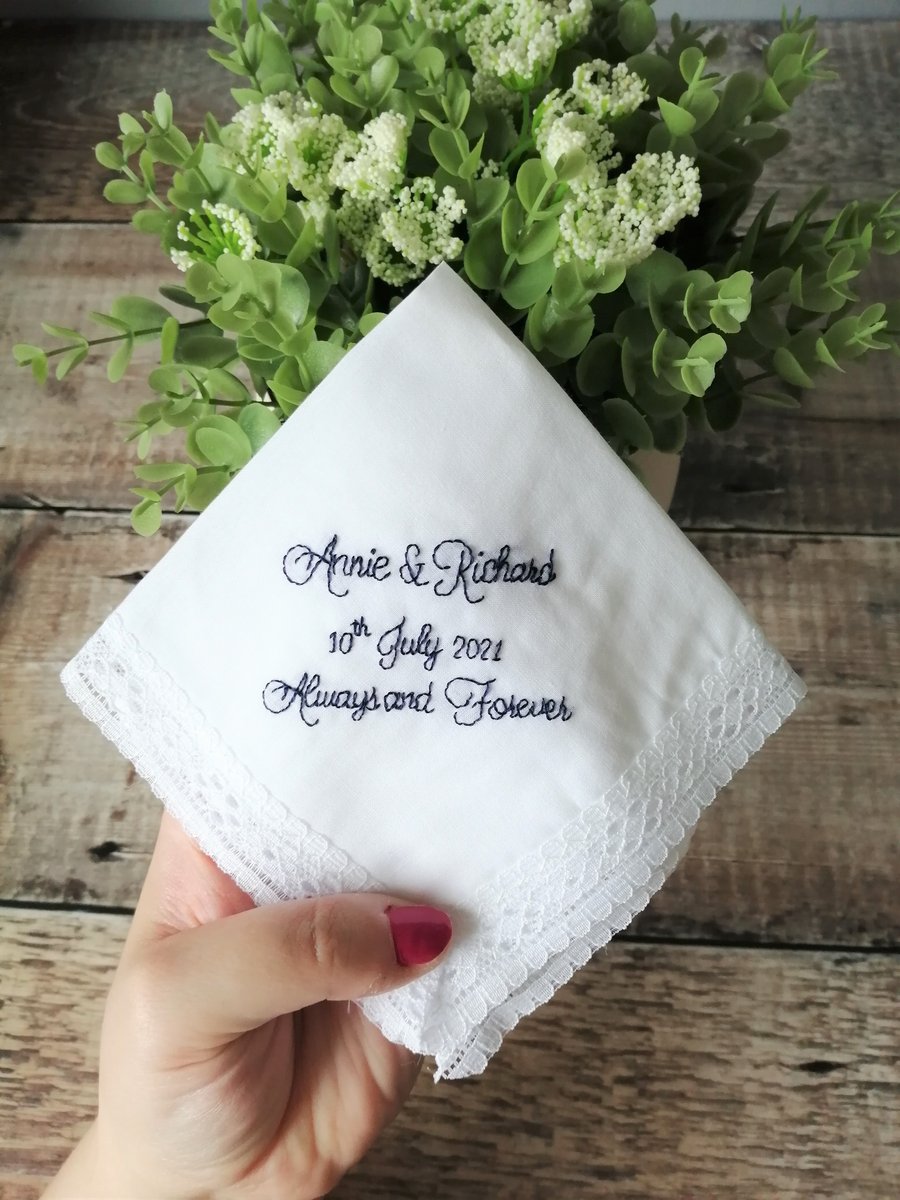 Personalised Wedding Handkerchief Hand Embroidered, Wedding Gift Bride & Groom