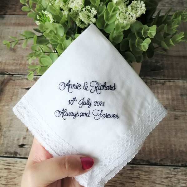 Personalised Wedding Handkerchief Hand Embroidered, Wedding Gift Bride & Groom