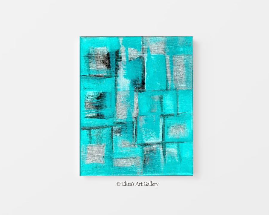 Original Teal Silver Black Acrylic Art Abstract Painting