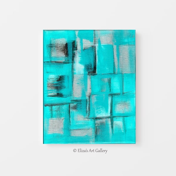Original Teal Silver Black Acrylic Art Abstract Painting