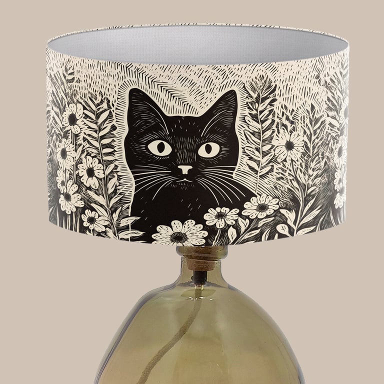 Cat Lino Print Effect Lampshade - Black Cat Modern Lampshade