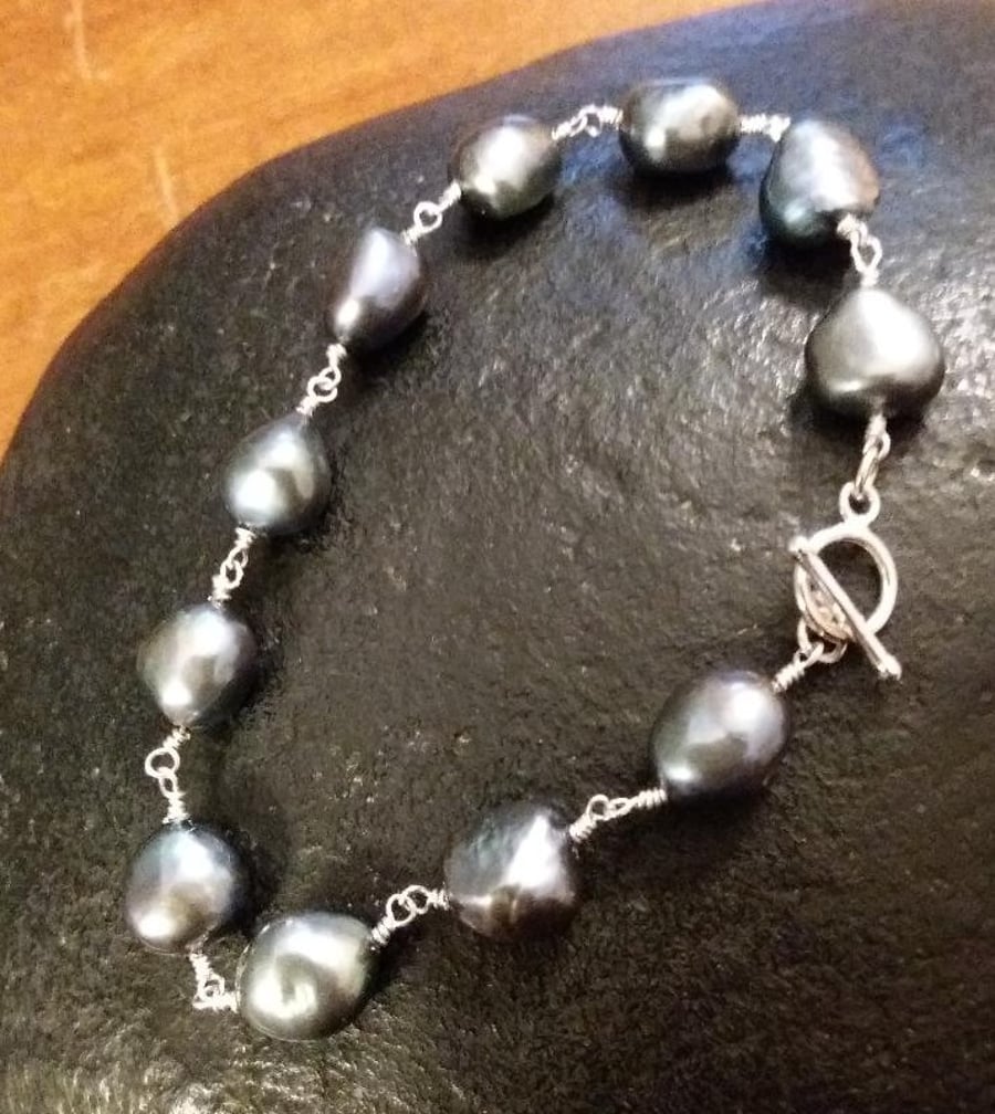 Silver and pearl smoky blue bracelet