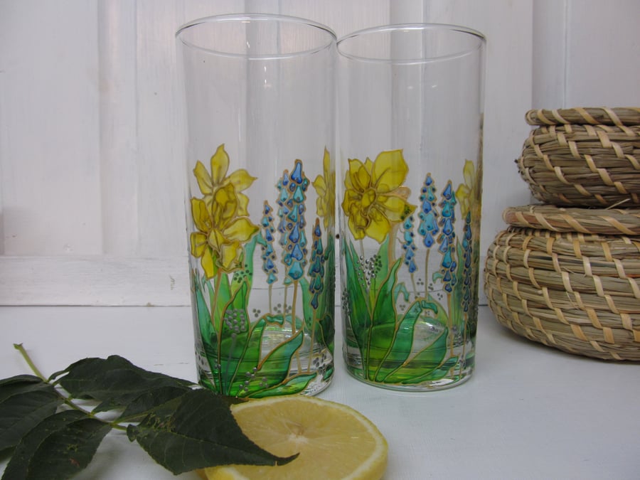 Hand Painted Hi Ball Glasses - Daffodil (Set of 2)