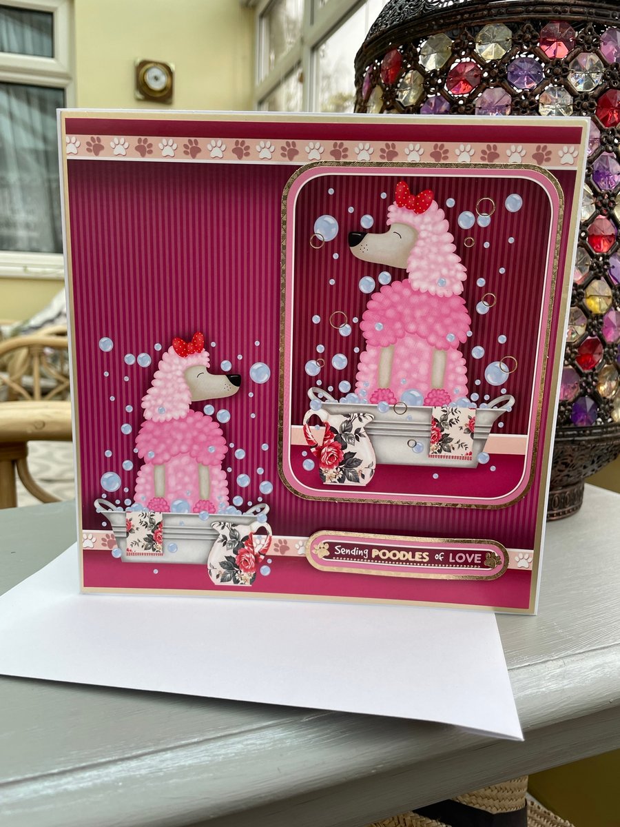 Poodle in a bubble bath, sending you Poodles of love birthday card