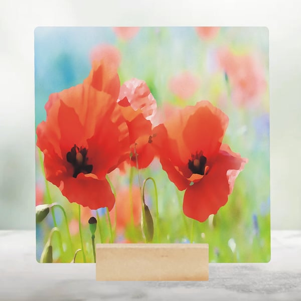 Poppy Mini Glass Art Tile - Unique Glass Ornament - Remembrance Gift