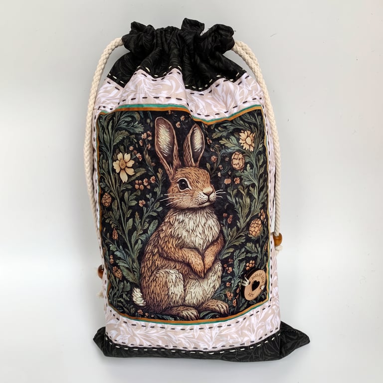 Handmade Quilted Woodland Rabbit Gift Pouch – Padded Drawstring Bag