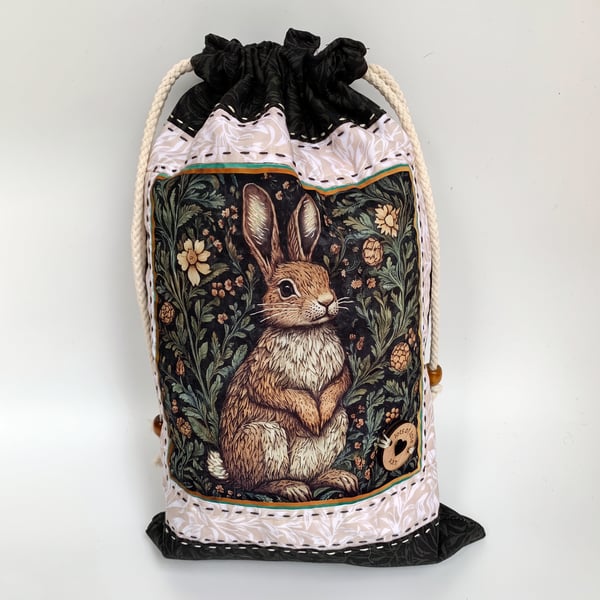 Handmade Quilted Woodland Rabbit Gift Pouch – Padded Drawstring Bag