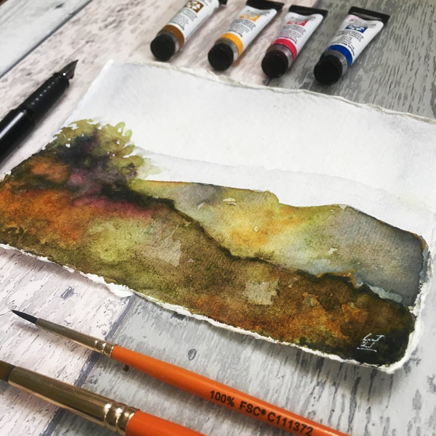 Watercolour landscape original painting vegan materials 