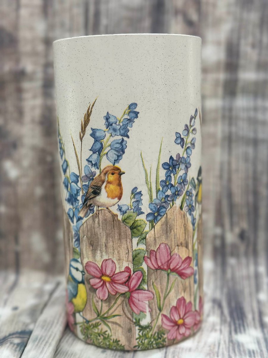 Summer flowers Vase ,  Birds on Fence , Decoupage vase , Birthday , Anniversary