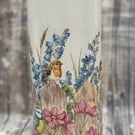 Summer flowers Vase ,  Birds on Fence , Decoupage vase , Birthday , Anniversary