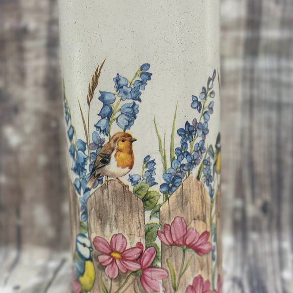 Summer flowers Vase ,  Birds on Fence , Decoupage vase , Birthday , Anniversary