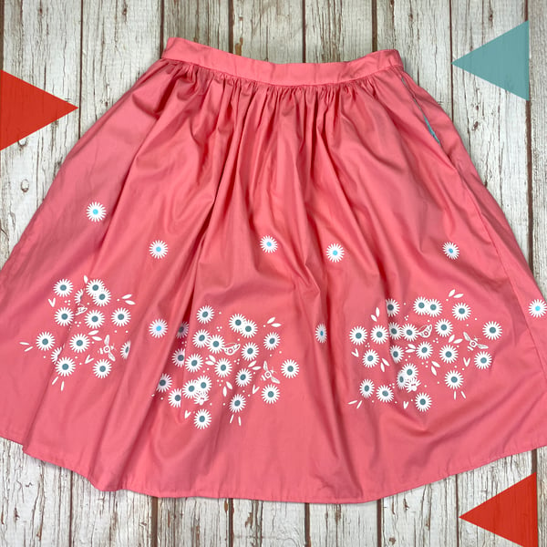 Spring Pink Daisy Print Cotton Midi Skirt with Pockets