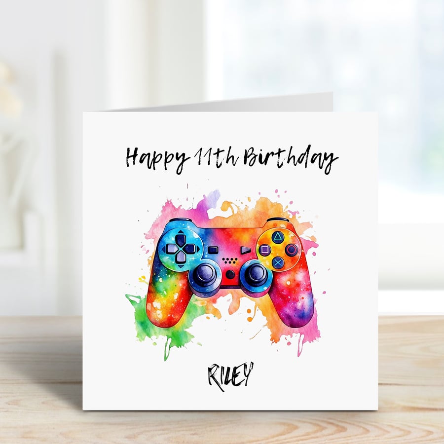 Personalised Gamer birthday greeting card any name and age rainbow watercolour d