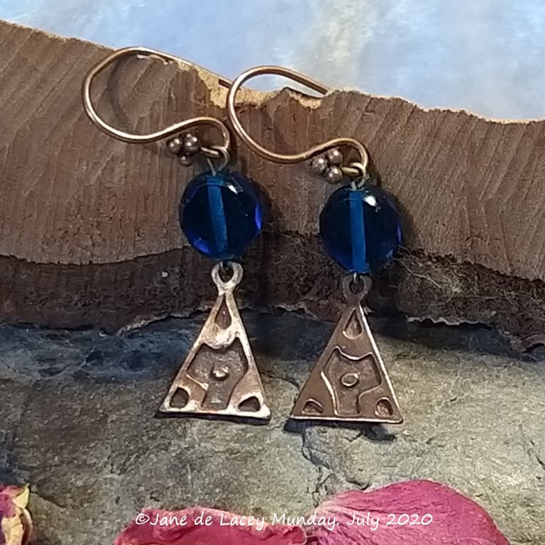 Copper Drop Earrings with Blue Beads