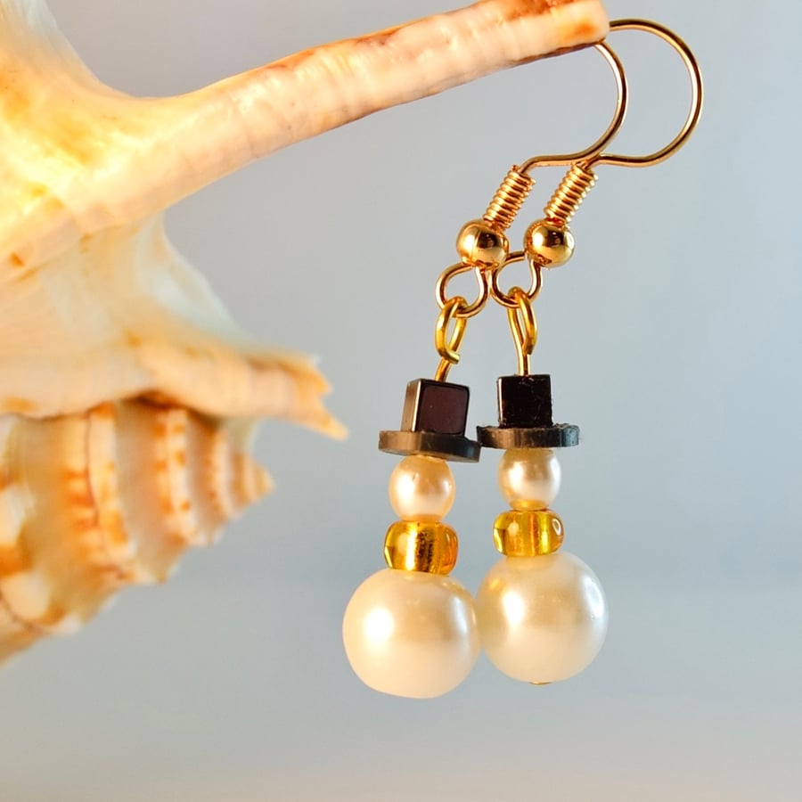 Snowman Christmas Earrings - Pearl And Hematite - Handmade In Devon- Free UK P&P
