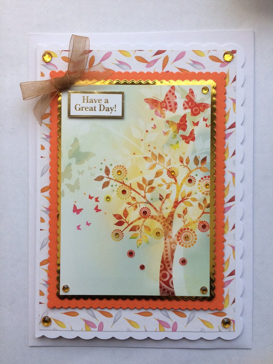Birthday Card Have A Great Day Autumn Leaves Tree of Life Butterflies