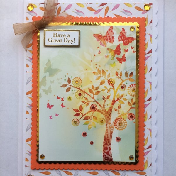 Birthday Card Have A Great Day Autumn Leaves Tree of Life Butterflies