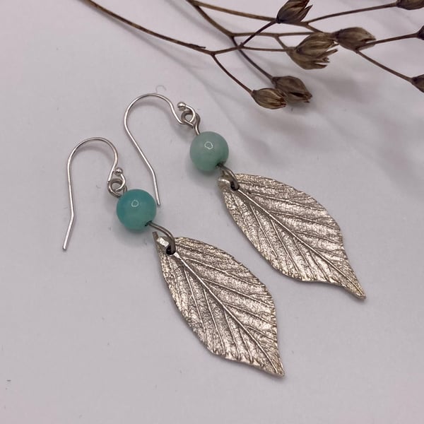 Handmade Fine Silver Bramble Leaf and Opal Dangly Earrings