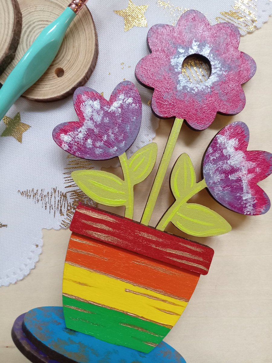 Hand painted Wooden rainbow flowers 
