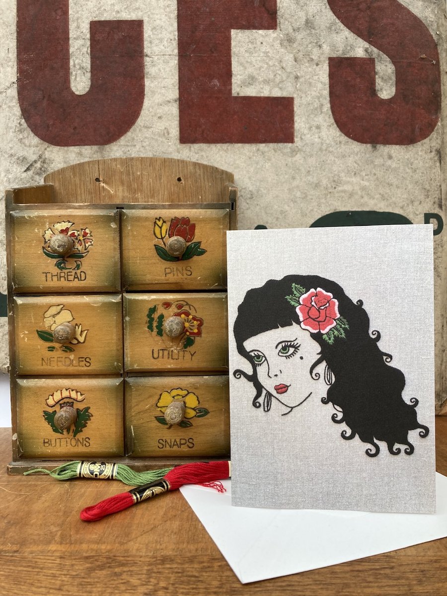 Woman with Rose Tattoo Embroidery Art Blank Greetings Card 