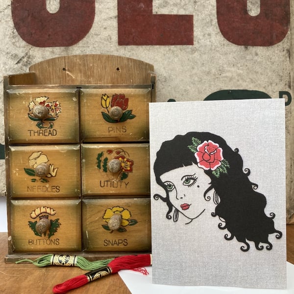 Woman with Rose Tattoo Embroidery Art Blank Greetings Card 