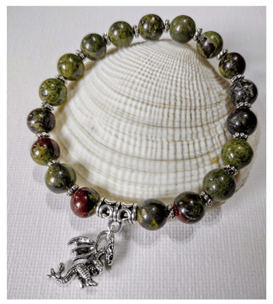 Dragons Blood Jasper Beaded Bracelet With Dragon Charm