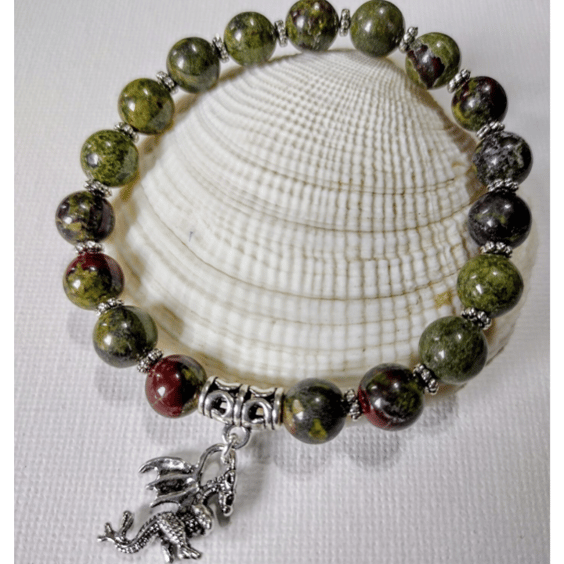 Dragons Blood Jasper Beaded Bracelet With Dragon Charm