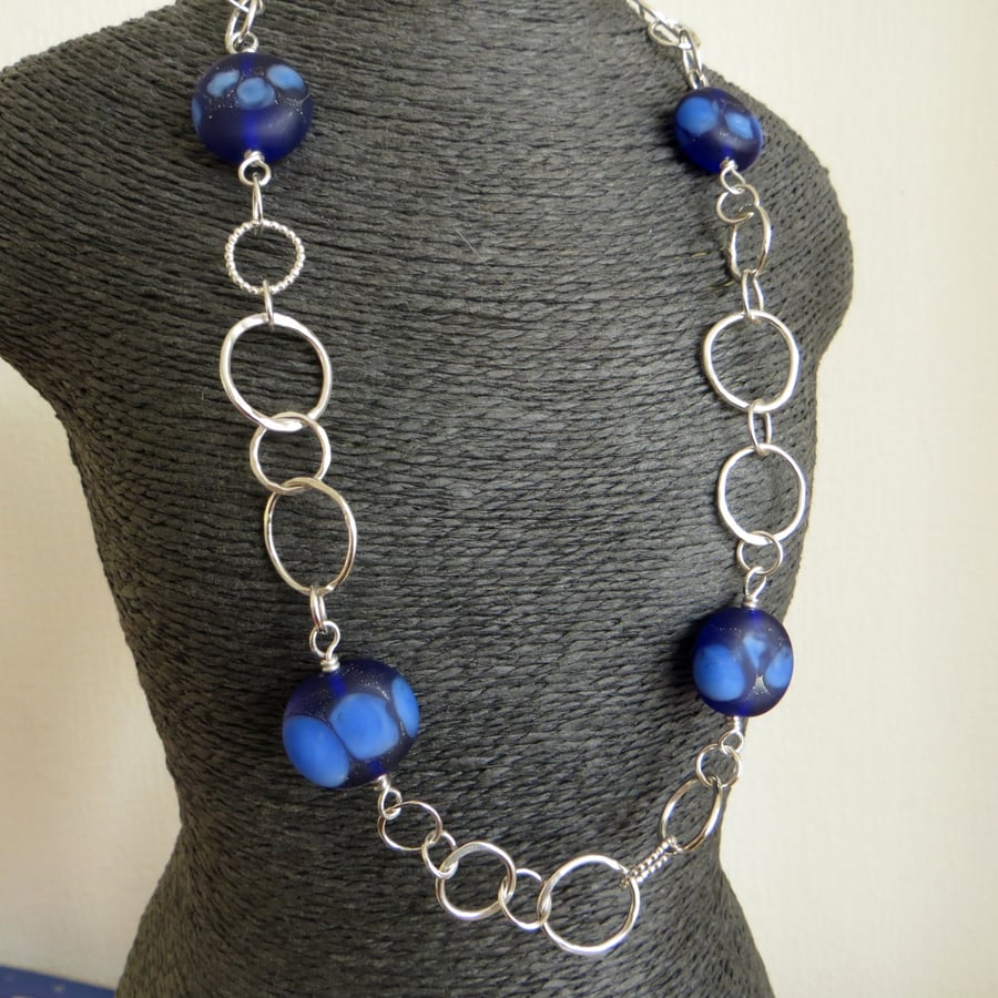 Sterling silver chain necklace with blue lampwork beads, Statement necklace